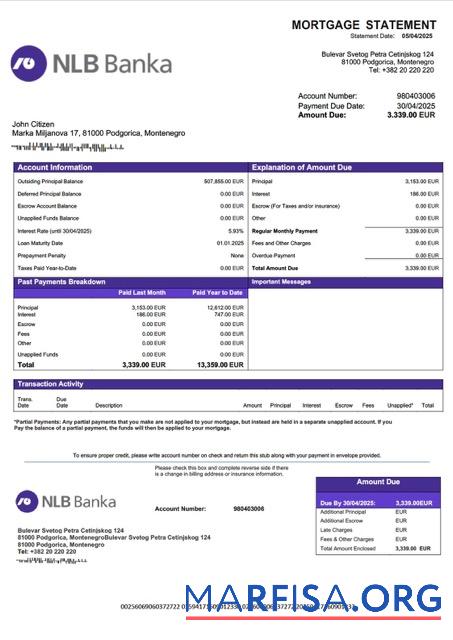 Realistic Montenegro NLB Banka Podgorica mortgage statement Word and PDF template